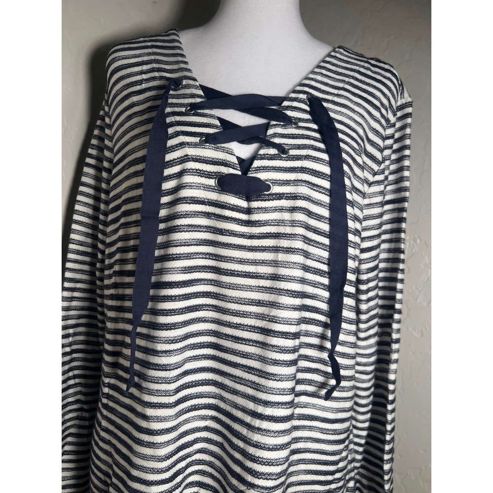 St. Johns Bay Active Navy White Striped Lace Up V-Neck Long Sleeve Top Large